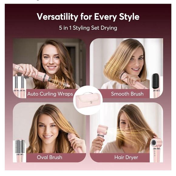 Bopcal 5-in-1 Air Wrap Hair Styler w/ Travel Bag, Pink Curler Dryer Straightener - Picture 2 of 11